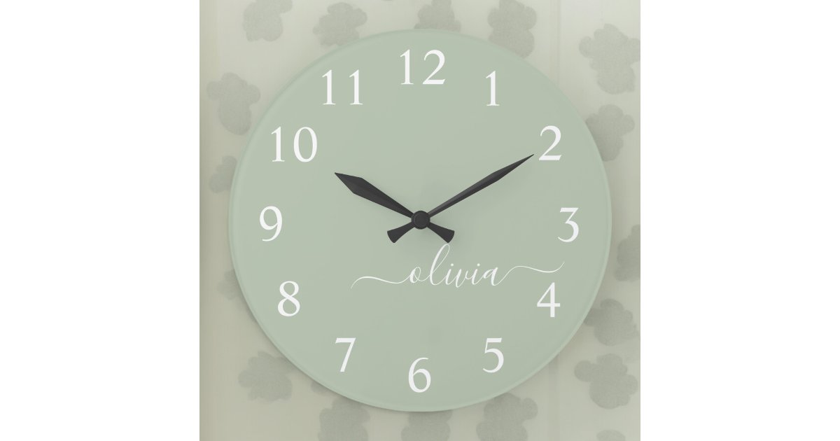 Sage Green Minimalist Modern Monogram Elegant Large Clock | Zazzle