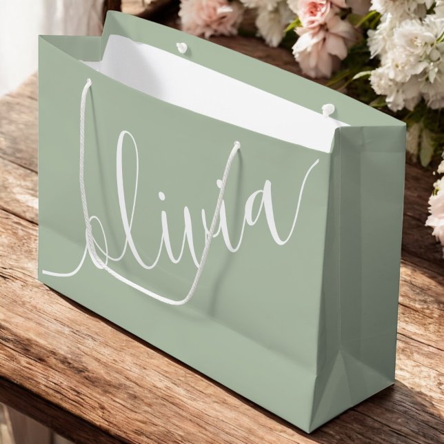 Sage Green Minimalist Modern Monogram Elegant Large Gift Bag (Creator Uploaded)