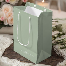 Sage Green Minimalist Modern Monogram Elegant  Medium Gift Bag