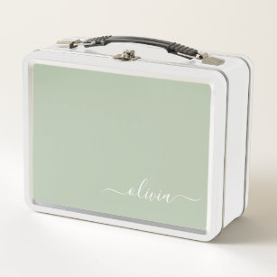 Sage Green Minimalist Modern Monogram Elegant Metal Lunch Box