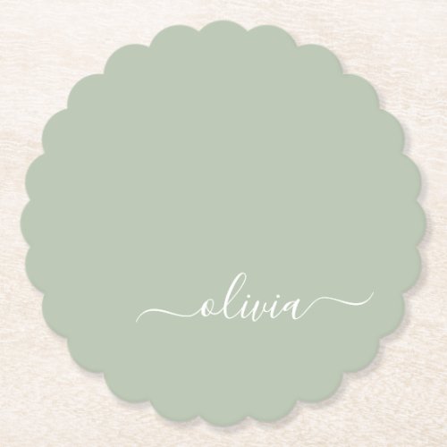 Sage Green Minimalist Modern Monogram Elegant  Paper Coaster