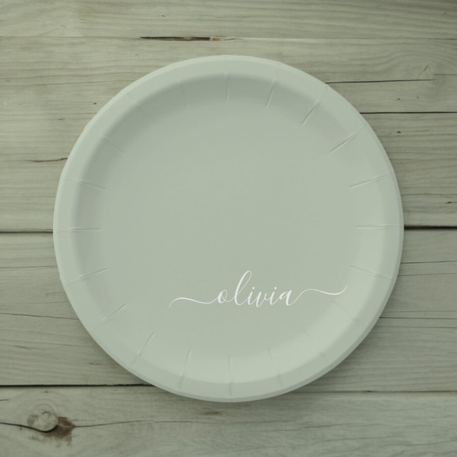 Sage Green Minimalist Modern Monogram Elegant  Paper Plates (Creator Uploaded)