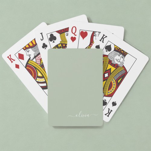 Sage Green Minimalist Modern Monogram Elegant Poker Cards