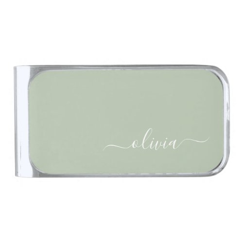 Sage Green Minimalist Modern Monogram Elegant Silver Finish Money Clip