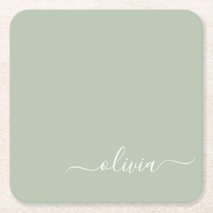 Sage Green Minimalist Modern Monogram Elegant Square Paper Coaster