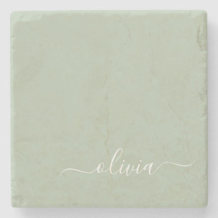 Sage Green Minimalist Modern Monogram Elegant Stone Coaster