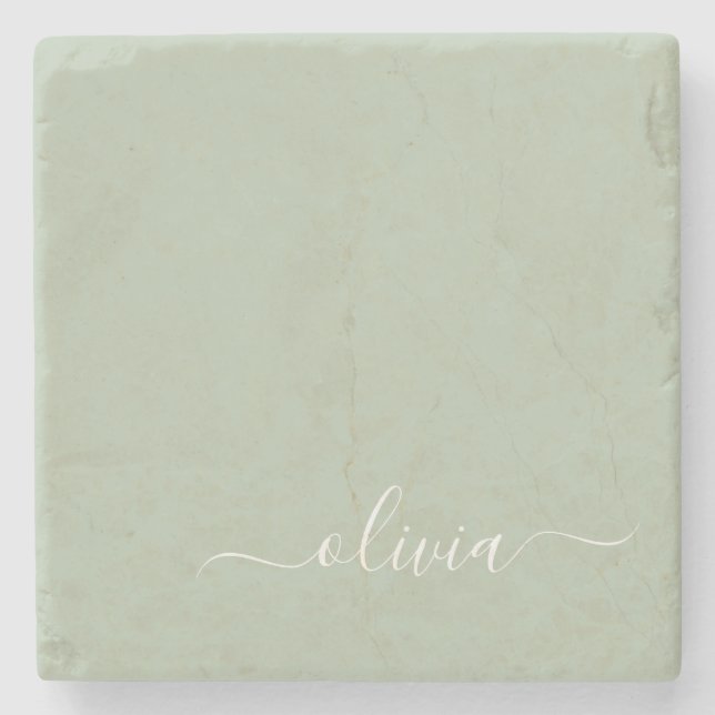 Sage Green Minimalist Modern Monogram Elegant  Stone Coaster (Front)