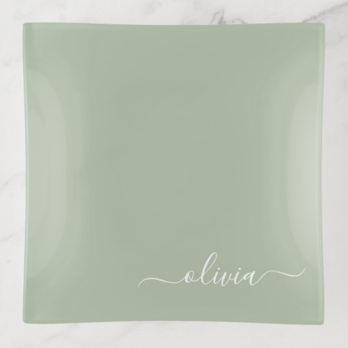 Sage Green Minimalist Modern Monogram Elegant Trinket Tray