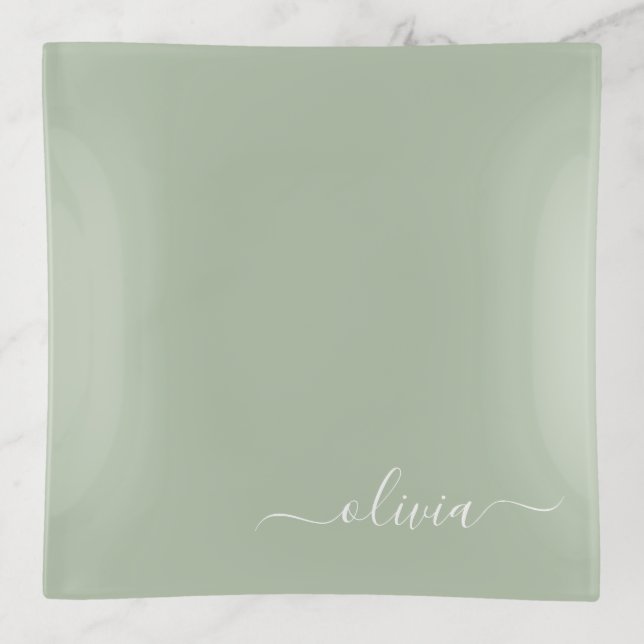 Sage Green Minimalist Modern Monogram Elegant Trinket Tray (Front)