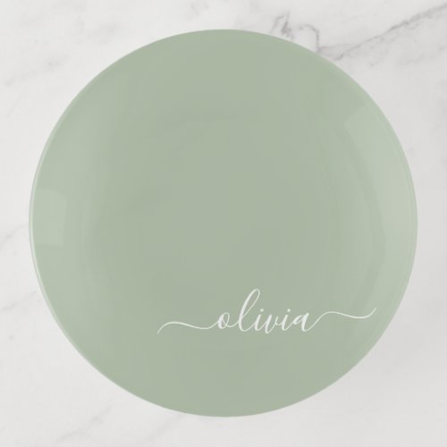 Sage Green Minimalist Modern Monogram Elegant Trinket Tray