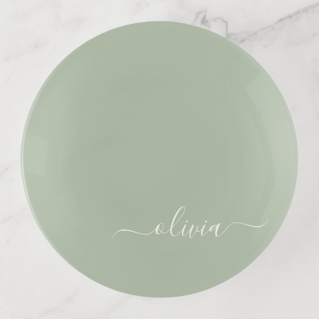 Sage Green Minimalist Modern Monogram Elegant Trinket Tray (Front)
