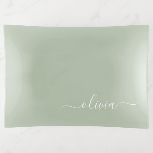 Sage Green Minimalist Modern Monogram Elegant Trinket Tray