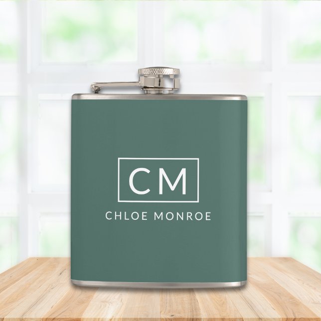 Sage Green Minimalist Modern Monogram Name Flask (Creator Uploaded)