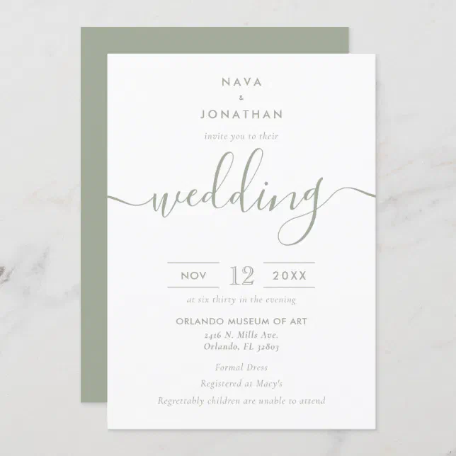 Sage Green Minimalist Modern Script Wedding Invitation | Zazzle