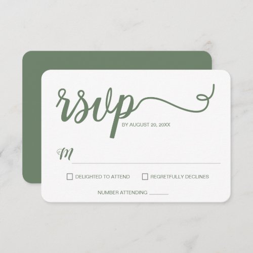 Sage Green Minimalist Modern Script Wedding  RSVP Card