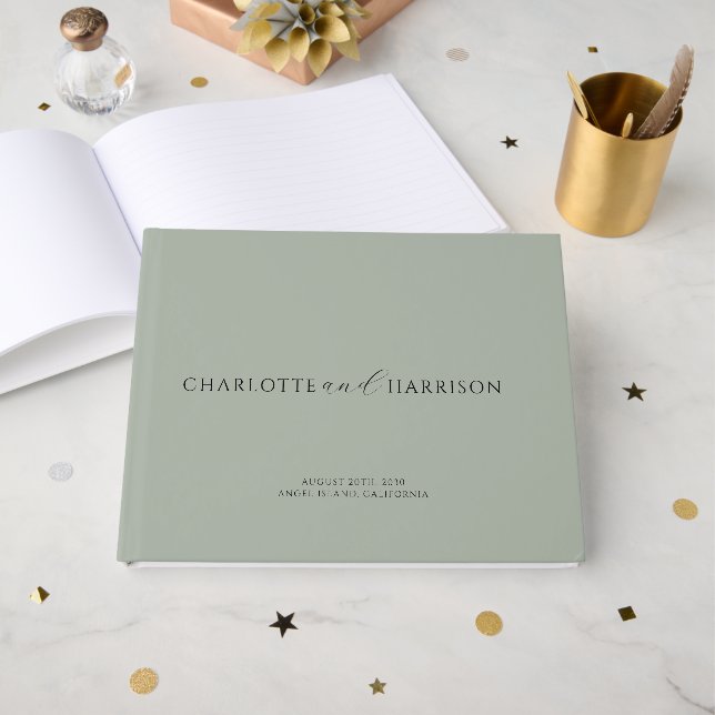 Sage Green Minimalist Modern Typography Wedding  Guest Book (Front Open)