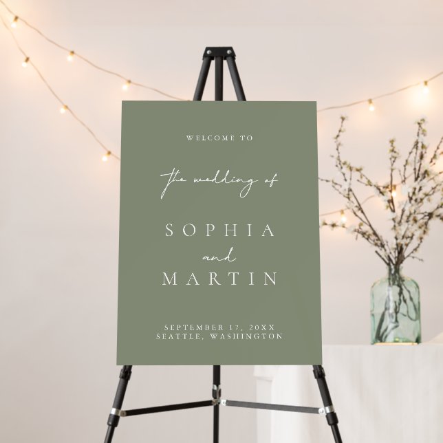 Sage Green Minimalist Modern Wedding Welcome Sign (In Situ (Stand))