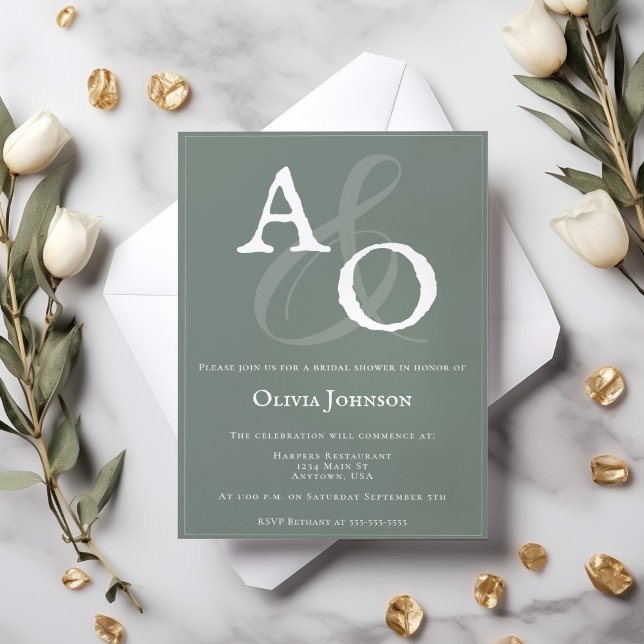 Sage Green Minimalist Monogram Bridal Shower Invitation (Sage Green Minimalist Monogram Bridal Shower Invitation)