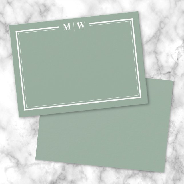Sage Green Minimalist Monogram Note Card (Minimalist Green Two Border Monogram Note Card)