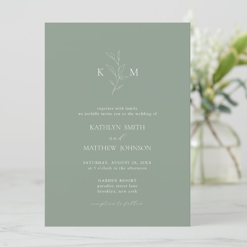 Sage Green Minimalist Monogram Olive Leaf Wedding Invitation