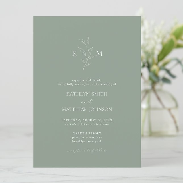 Sage Green Minimalist Monogram Olive Leaf Wedding Invitation (Creator Uploaded)
