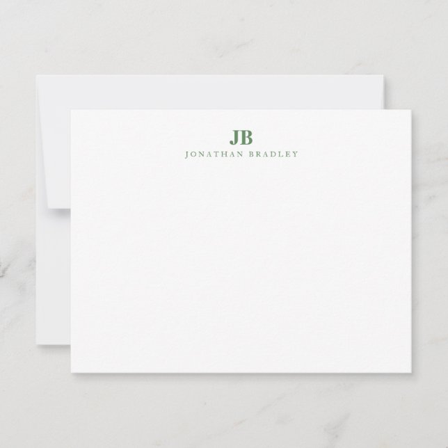 Sage Green Minimalist Monogram Professional Note Card (Front)