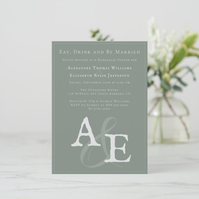 Sage Green Minimalist Monogram Rehearsal Dinner Invitation (Standing Front)