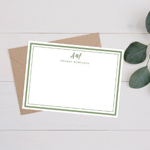 Sage Green Minimalist Monogram Thin & Thick Border Note Card
