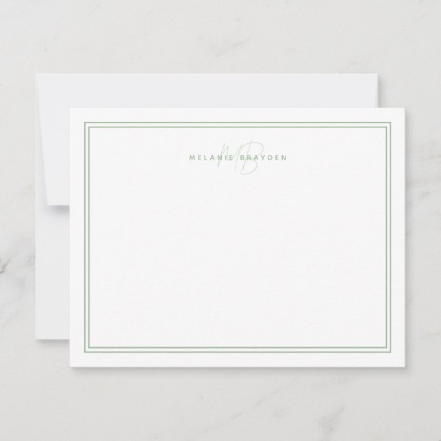 Sage Green Minimalist Monogram Two Border 4.25x5.5 Note Card (Front)