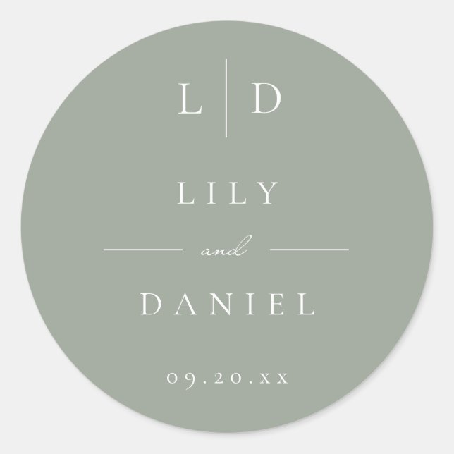 Sage Green Minimalist Monogram Wedding Favor Classic Round Sticker (Front)