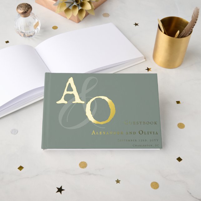 Sage Green Minimalist Monogram Wedding Foil Guest Book (Front Open)