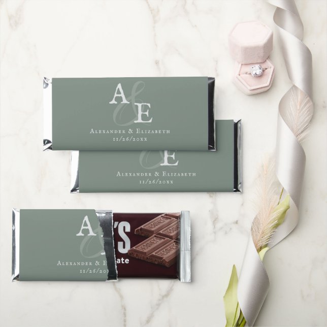 Sage Green Minimalist Monogram Wedding Hershey Bar Favors (Front)