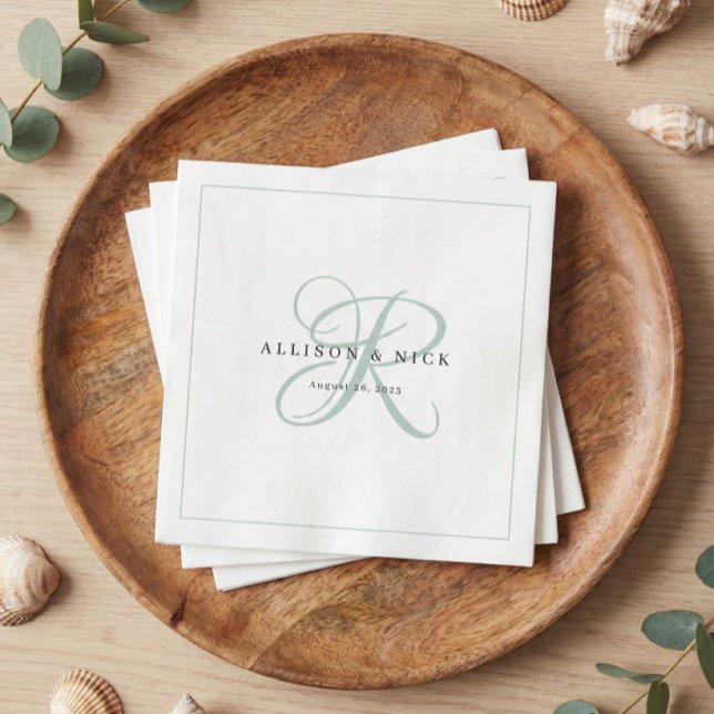 Sage Green Minimalist Monogram Wedding Napkins (Creator Uploaded)