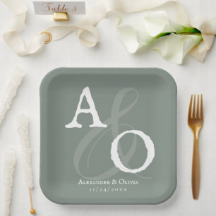 Sage Green Minimalist Monogram Wedding Paper Plates