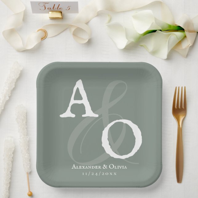 Sage Green Minimalist Monogram Wedding Paper Plates (Wedding)