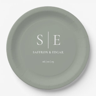 Sage Green Minimalist Monogram Wedding Paper Plates