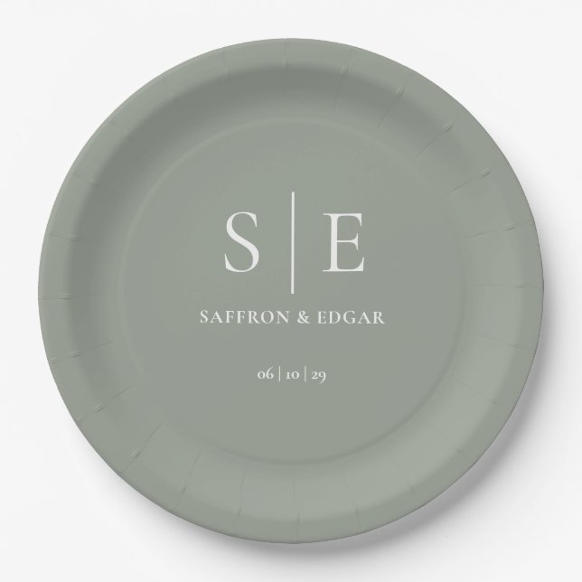 Sage Green Minimalist Monogram Wedding Paper Plates (Front)