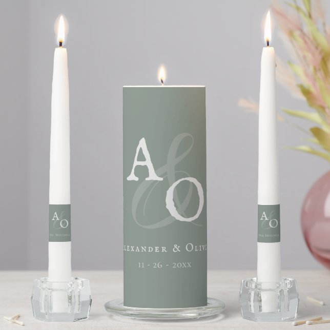 Sage Green Minimalist Monogram Wedding Unity Candle Set (In Situ)