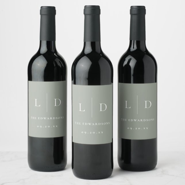 Sage Green Minimalist Monogram Wedding Wine Label (Bottles)