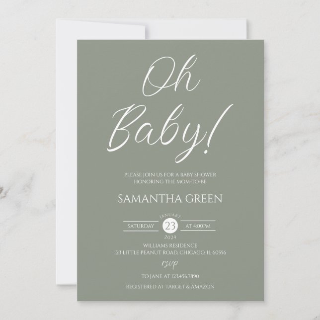 Sage Green Minimalist Oh Baby Baby Shower Invitation (Front)