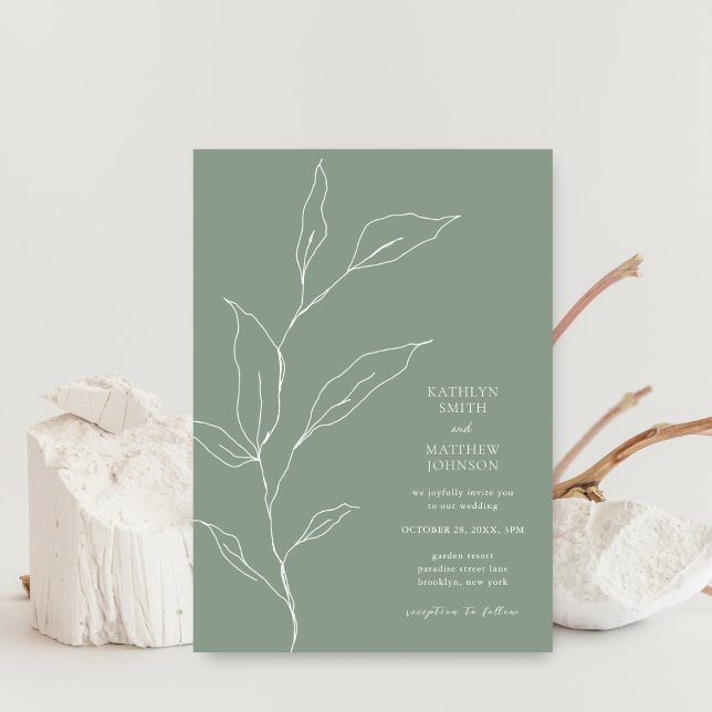 Sage Green Minimalist Olive Leaf Branch Wedding Invitation (Creator Uploaded)