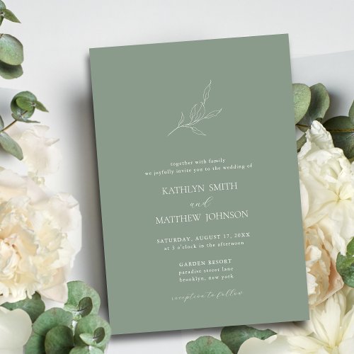 Sage Green Minimalist Olive Leaf Branch Wedding Invitation