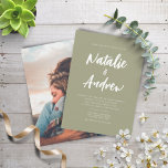 Sage Green Minimalist Photo Casual Script Wedding Invitation<br><div class="desc">A simple and casual modern elegant wedding invitation featuring a photo of the couple at the back and a minimalist typography script lettering of the wedding details in sage green background.</div>