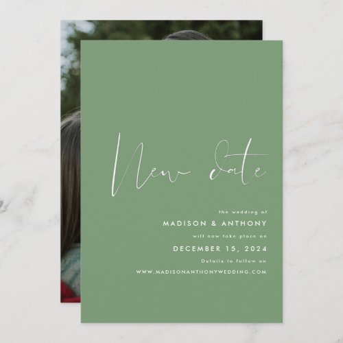 Sage Green Minimalist Photo New Date Wedding Announcement