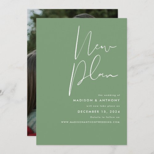 Sage Green Minimalist Photo New Plan Wedding Announcement