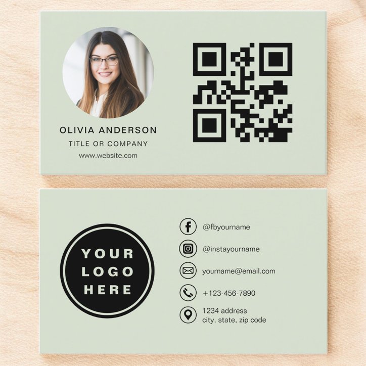 Sage Green Minimalist Photo With QR Code Business Card