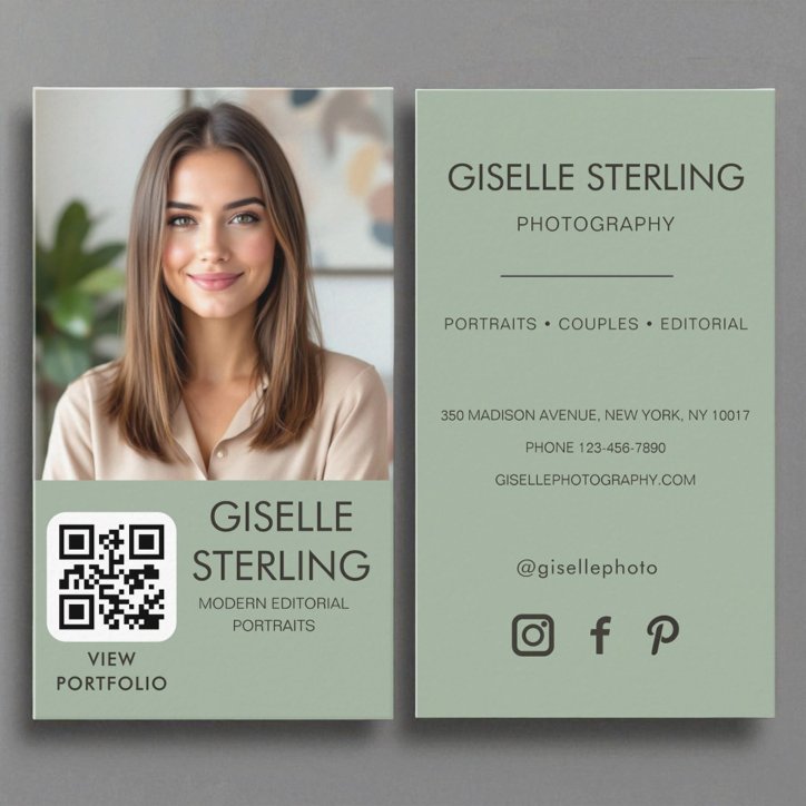 Sage Green Minimalist Photographer Photo QR Code Business Card
