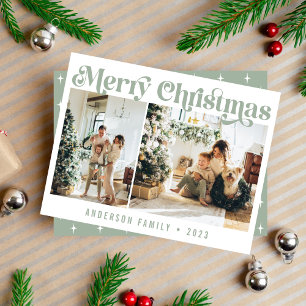 Sage Green Minimalist Retro Christmas Two Photo Holiday Card
