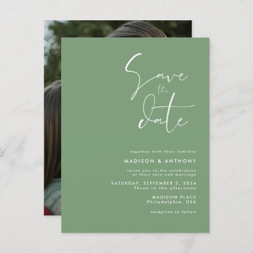 Sage Green Minimalist Save the Date Wedding Photo Invitation Postcard
