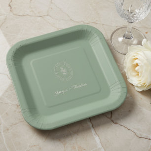 Sage Green Minimalist Script Floral Wedding Paper Plates